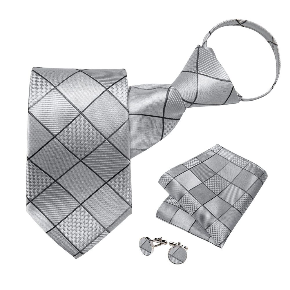 9577 Silk Zipper Ties ,Paisley Solid Plaid Pre-tied Tie and Pocket Square